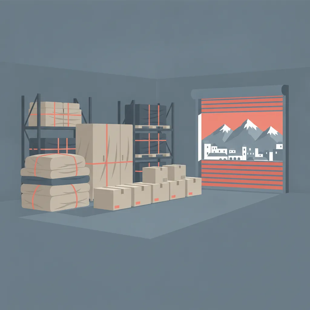 Flat-Design-Illustration: gepolsterte Möbel, Paletten mit Ware und beschriftete Kartons stehen ordentlich gestapelt in einem trockenen, gesicherten Lagerraum mit Rolltor, durch ein Fenster die verschneite Nordkette über Innsbruck - Einlagerung in Innsbruck