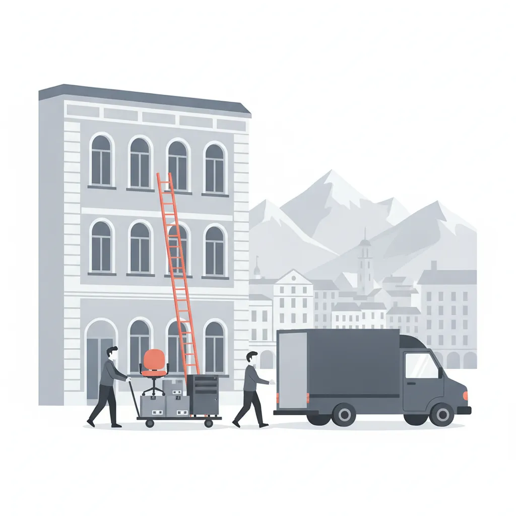 Flat-Design-Illustration: zwei Träger schieben beschriftete Aktenkartons und einen Bürocontainer auf Rollwagen aus einem Innsbrucker Gründerzeit-Bürohaus zu einem geschlossenen Kastenwagen ohne Emblem, daneben ein Möbellift an der Fassade, im Hintergrund die Altstadt und die Nordkette - Firmen- und Büroumzug in Innsbruck