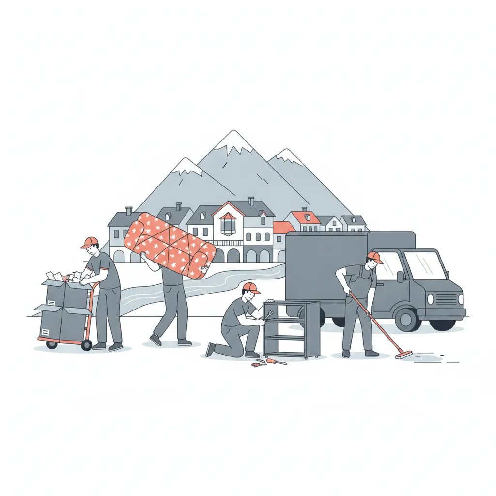 Flat-Design-Illustration: ein Team in schlichter Arbeitskleidung packt Kartons, trägt deckenverpackte Möbel und schraubt ein Regal zusammen, daneben ein geschlossener Kastenwagen ohne Emblem, im Hintergrund die Nordkette über der Innsbrucker Altstadt mit dem Goldenen Dachl - Full-Service-Umzug in Innsbruck