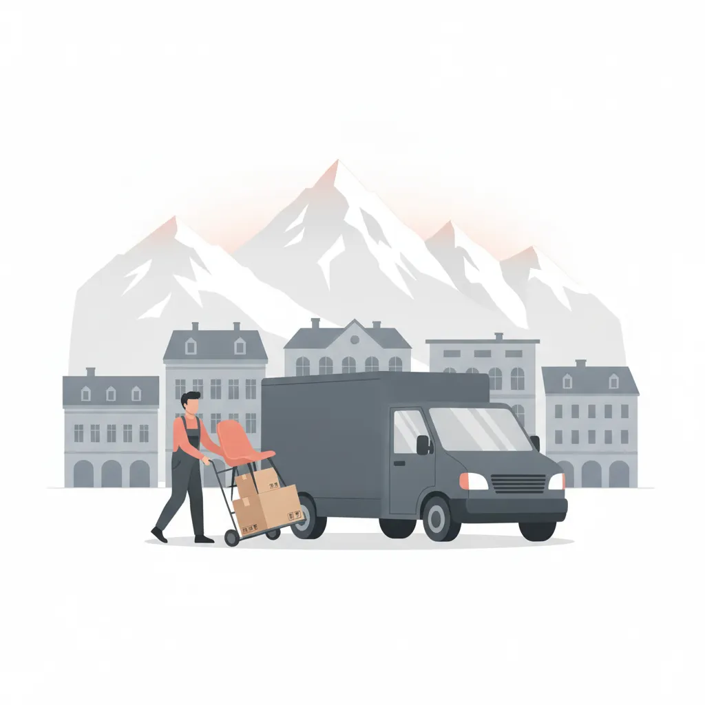 Flat-Design-Illustration: ein Träger schiebt eine Sackkarre mit wenigen beschrifteten Kartons und einem einzelnen Stuhl zu einem kleinen geschlossenen Kastenwagen ohne Emblem, im Hintergrund die Nordkette und Innsbrucker Altstadt-Laubengänge - Kleintransport in Innsbruck
