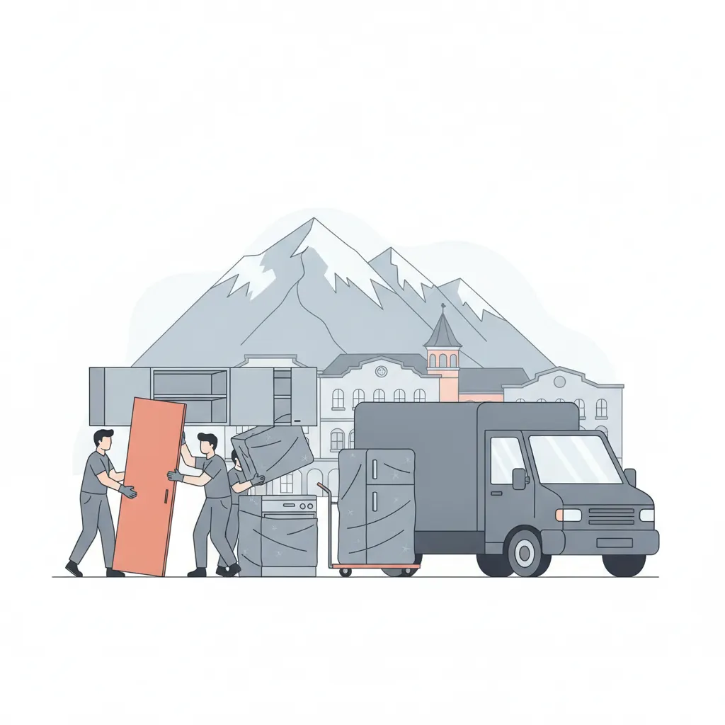 Flat-Design-Illustration: zwei Träger demontieren eine Einbauküche, deckenverpackte Oberschränke und ein gepolsterter Kühlschrank stehen bereit, daneben ein geschlossener Kastenwagen ohne Emblem, im Hintergrund das Goldene Dachl, Altstadt-Laubengänge und die Nordkette - Küchenumzug in Innsbruck