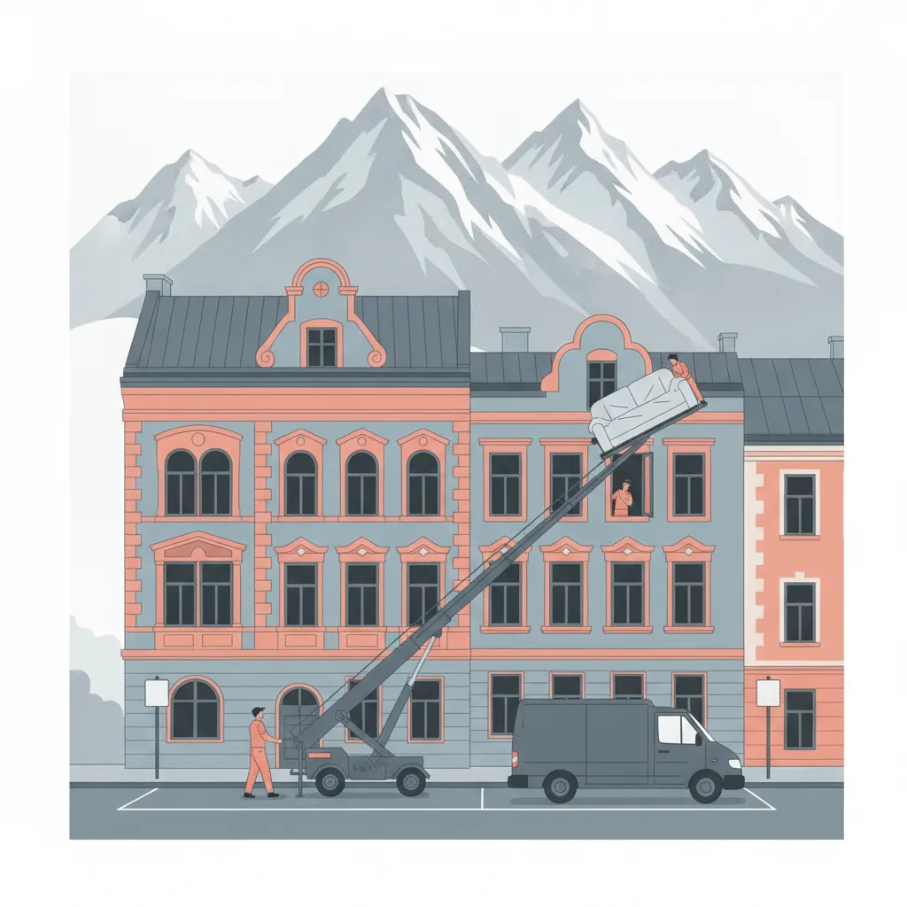 Flat-Design-Illustration: ein Möbellift mit schräger Teleskopschiene hebt ein deckenverpacktes Sofa zu einem geöffneten Fenster im oberen Stock eines Innsbrucker Gründerzeit-Altbaus, unten ein geschlossener Kastenwagen ohne Emblem in einer Halteverbotszone, dahinter die Nordkette - Möbellift in Innsbruck