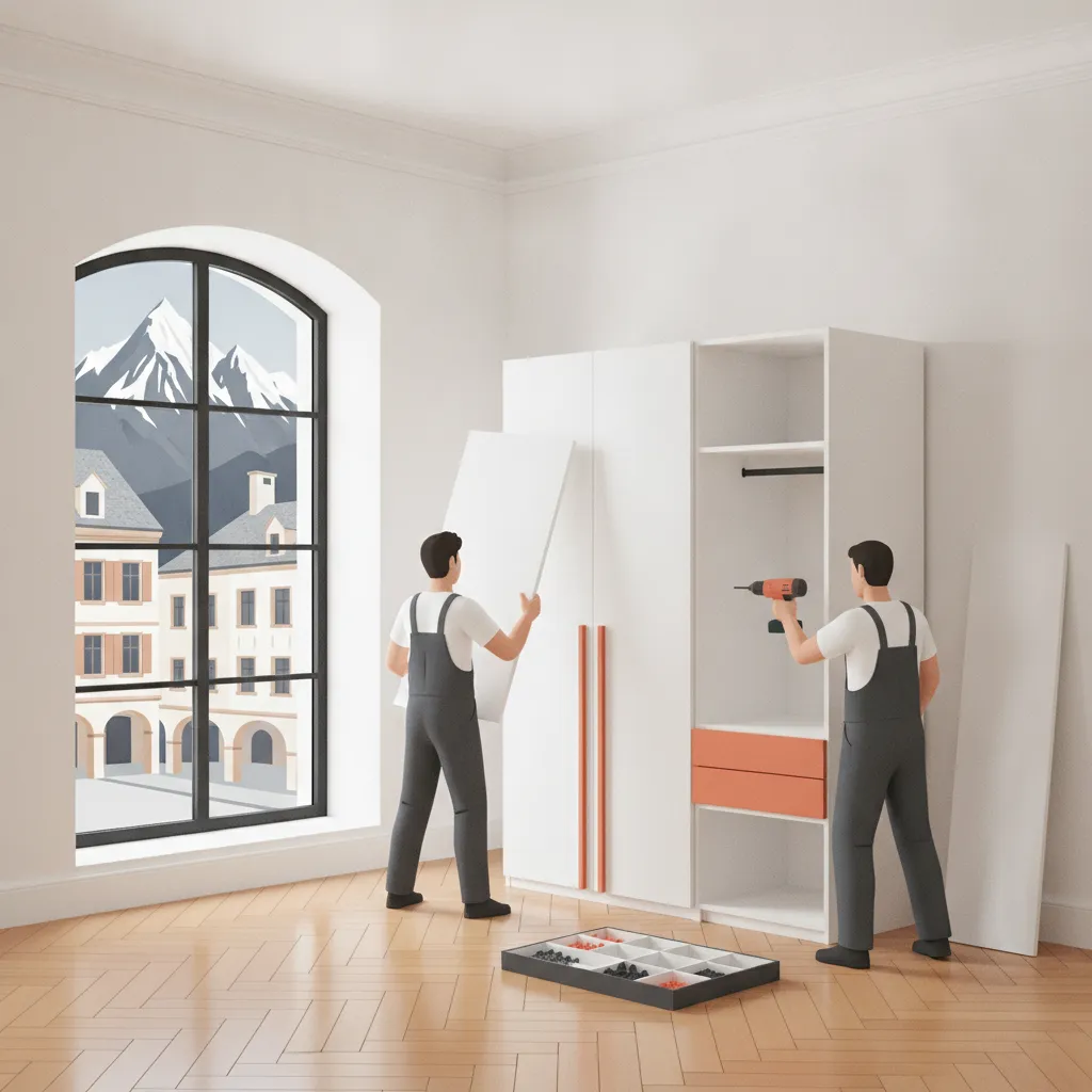 Flat-Design-Illustration: zwei Monteure in schlichter Arbeitskleidung bauen einen hohen Kleiderschrank in einem Gründerzeit-Altbau mit hohen Räumen auf. Daneben Akkuschrauber und ein sortierter Beschlagkasten. Im Hintergrund die Innsbrucker Altstadt mit Laubengängen, darüber die Nordkette - Möbelmontage in Innsbruck.