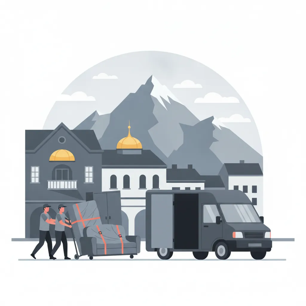 Flat-Design-Illustration: zwei Träger schieben mehrere deckenverpackte Möbelstücke - Sofa, Schrank und Kommode - in einen geschlossenen Kastenwagen ohne Emblem. Im Hintergrund die Innsbrucker Altstadt mit Goldenem Dachl und Laubengängen, darüber die Nordkette - Möbeltransport in Innsbruck und Tirol.