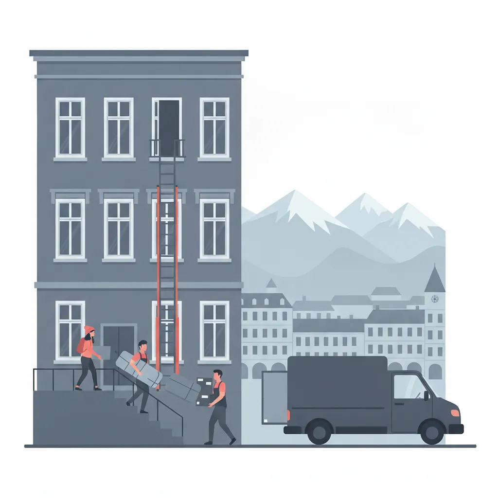 Flat-Design-Illustration: ein junges Paar und zwei Träger schieben deckenverpackte Möbel und beschriftete Kartons aus einem Innsbrucker Gründerzeit-Altbau über die Stiege zu einem geschlossenen Kastenwagen ohne Emblem, daneben ein Möbellift an der Fassade, im Hintergrund die Altstadt und die Nordkette - Privatumzug in Innsbruck