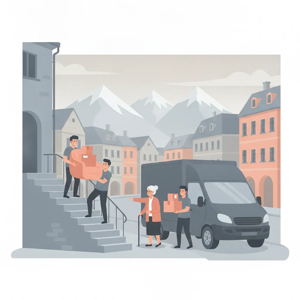 Flat-Design-Illustration: zwei Träger helfen einer älteren Dame geduldig beim Übersiedeln. Sie tragen deckenverpackte Möbel und beschriftete Kartons aus einem Gründerzeit-Altbau, daneben ein geschlossener Kastenwagen ohne Emblem. Im Hintergrund die Innsbrucker Altstadt mit Laubengängen, darüber die Nordkette - Seniorenumzug in Innsbruck.