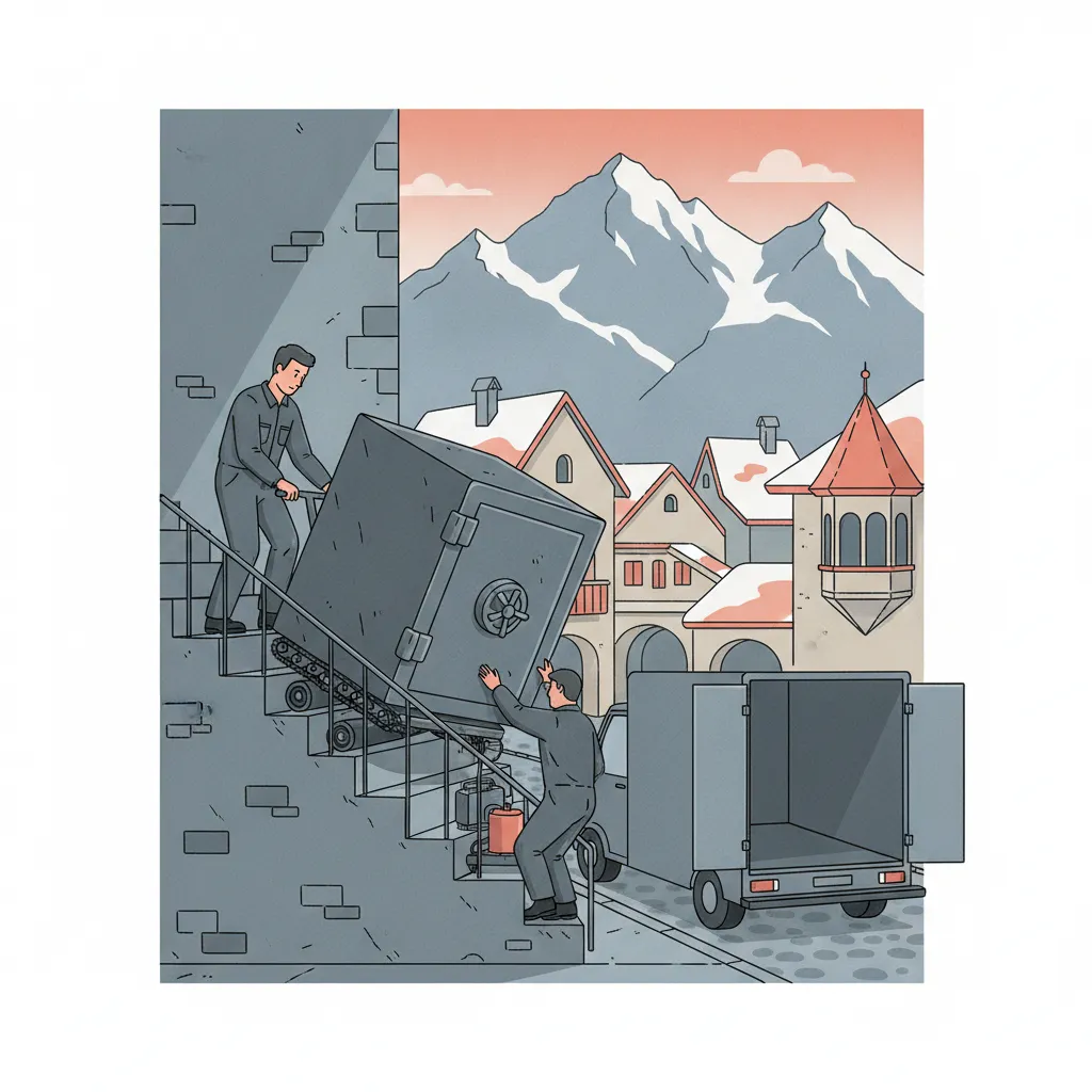 Flat-Design-Illustration: zwei Träger bewegen einen massiven grauen Tresor mit Schwerlastroller und Treppenraupe über eine enge Altbau-Stiege, daneben ein geschlossener Kastenwagen ohne Emblem, im Hintergrund die Nordkette über der Innsbrucker Altstadt mit dem Goldenen Dachl - Tresortransport in Innsbruck