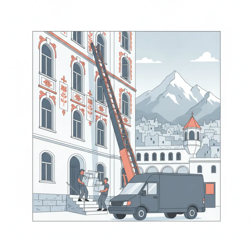 Flat-Design-Illustration: zwei Träger schieben deckenverpackte Möbel und beschriftete Kartons aus einem Innsbrucker Gründerzeit-Altbau über die Stiege zu einem geschlossenen Kastenwagen ohne Emblem, daneben ein Möbellift an der Fassade, im Hintergrund die Altstadt mit Goldenem Dachl und die Nordkette - Übersiedlung in Innsbruck