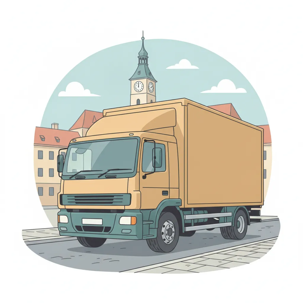 Comic-Illustration: geschlossener Umzugstransporter erreicht Graz – Umzug von Innsbruck nach Graz