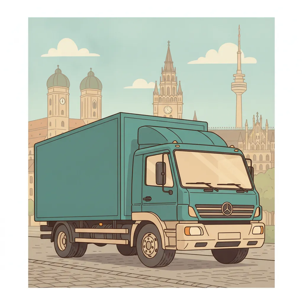 Comic-Illustration: geschlossener Umzugstransporter erreicht München – Umzug von Innsbruck nach München