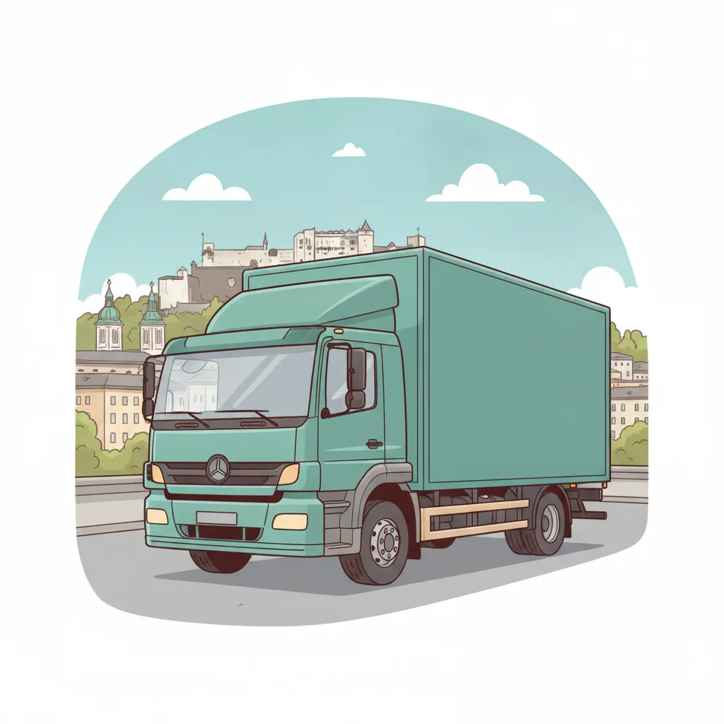 Comic-Illustration: geschlossener Umzugstransporter erreicht Salzburg – Umzug von Innsbruck nach Salzburg