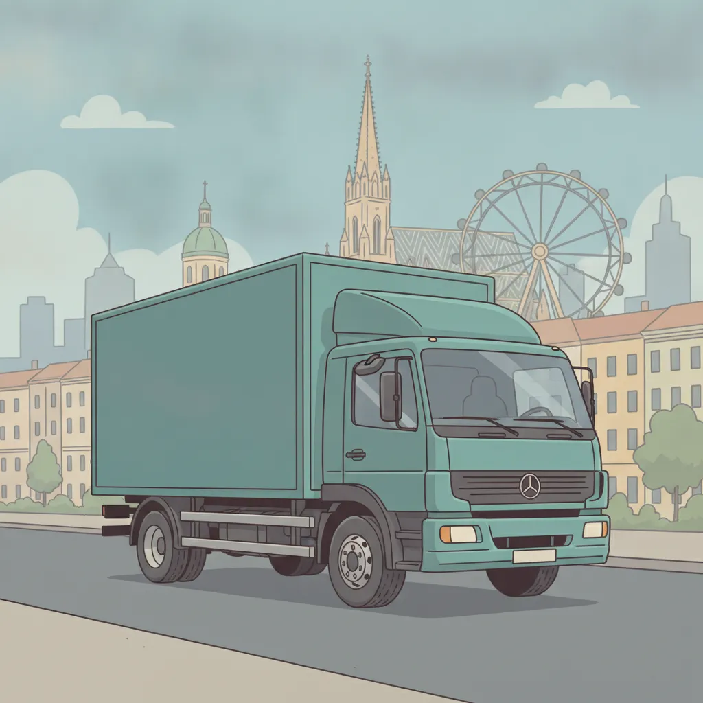 Comic-Illustration: geschlossener Umzugstransporter erreicht Wien – Umzug von Innsbruck nach Wien